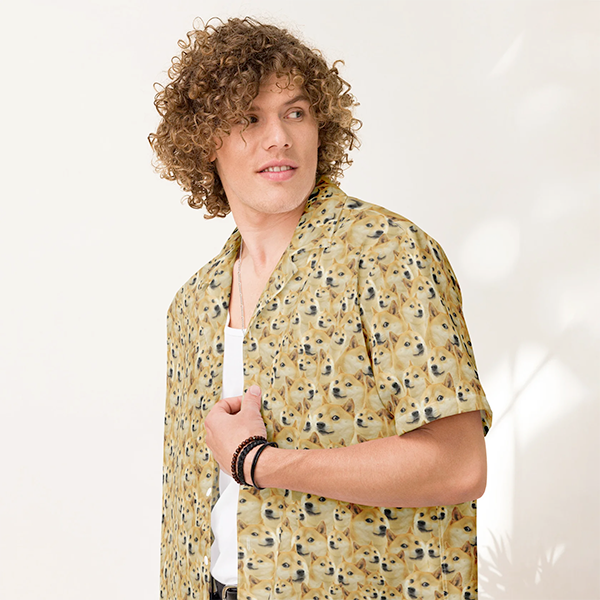 Stylish Man wearing the Yellow Doge Patterned Hawaiian Shirt