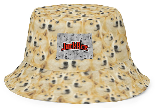A yellow DOGECOIN patterned hat with the JackAce brand logo